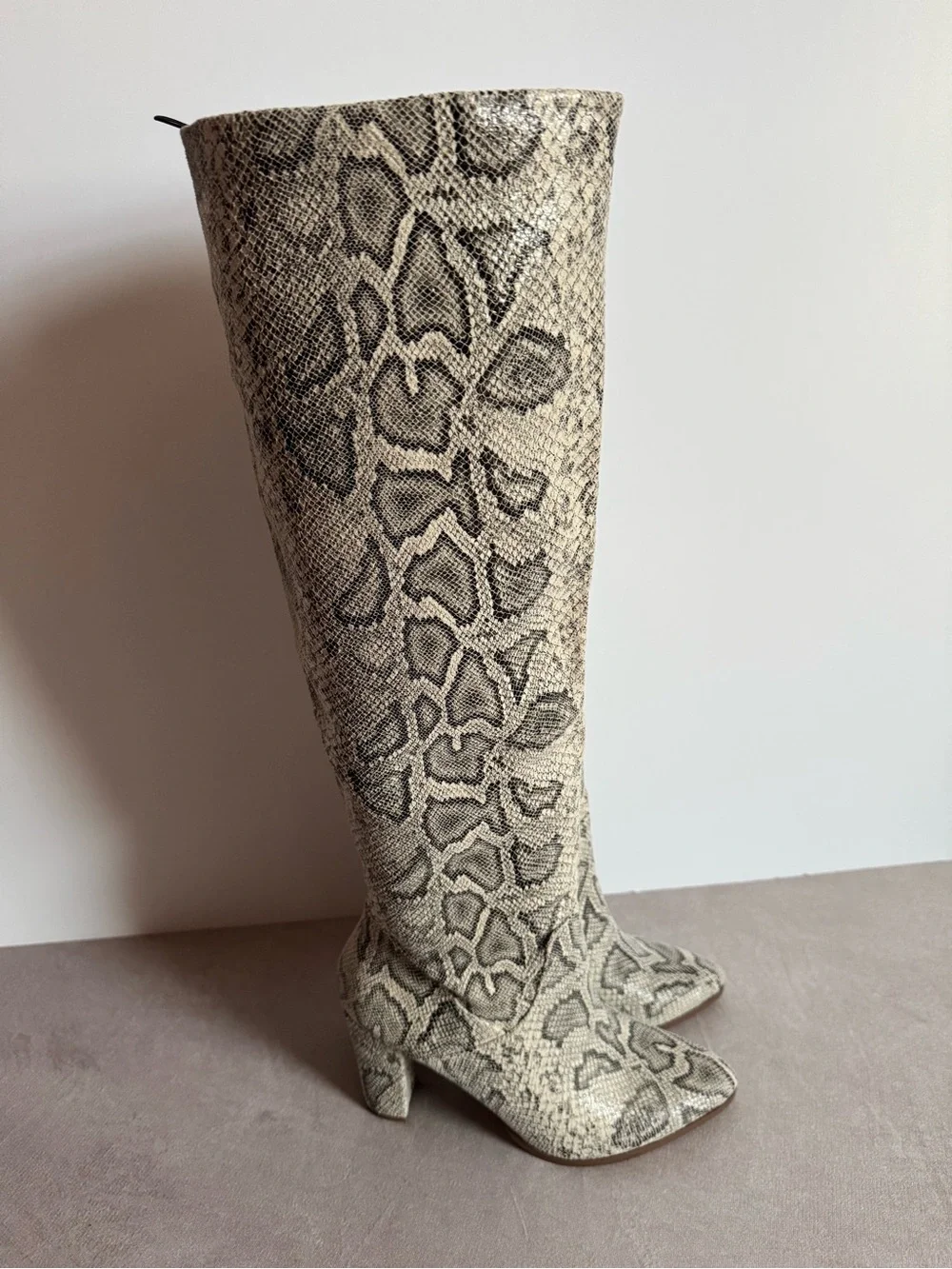 Express Snakeskin Knee Boots in Gray